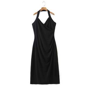 Vestido Camisero Runqi N8425 con Cuello Halter, Color Sólido, Cintura Ajustada, para Fiestas, Casual, Negro y Rojo - Product Image 4