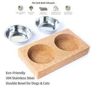 Tempat makan ganda persegi panjang tepi persegi panjang: ramah lingkungan gabus & 304 baja tahan karat mangkuk ganda: Sempurna untuk anjing & kucing
