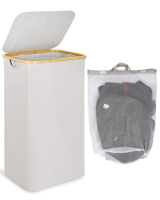 Grand panier à linge noir de 100 L avec couvercle en bambou, doublure en maille amovible, panier à linge pliable, design gain de place
