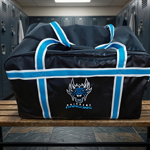 Bolsa de hockey de vinilo negro con correas azules y blancas, logotipo personalizado para equipo de hockey - Product Image 2