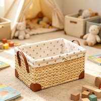 Panier de rangement tressé avec doublure en tissu et poignées en cuir, bac de rangement rectangulaire en jonc de mer pour le bureau, la maison et le placard