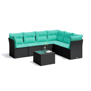Ensemble de canapés de patio en polyrotin noir, 7 pièces, avec coussins, meubles de jardin d'extérieur, design contemporain - Product Image 1
