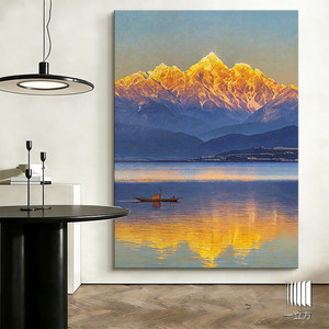 Peinture à l'huile sur toile moderne italienne minimaliste, paysage de montagne dorée au coucher du soleil, décoration de salon, œuvre d'art - Product Image 1