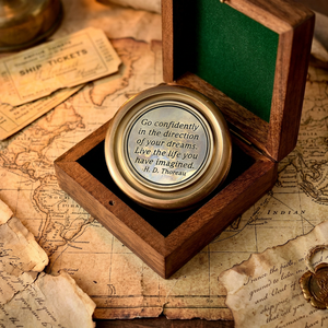 Engraved Brass <b>Compass</b> With Thoreau Quote In Wooden Box Vintage Nautical Style Round Design Business Gift - Product Image 3