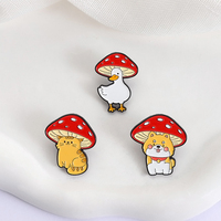 Broches en émail Kawaii Chat sous un chapeau de champignon, mignonnes, avec des animaux de dessin animé (oie blanche, chien), badges de revers, bijoux, cadeaux pour amis