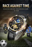 TEVISE T820B 820B Automatikuhr mit schwarzem Lederarmband, mechanische Herrenuhr mit goldenem Zifferblatt, modische Herrenuhr, 30 m wasserdicht