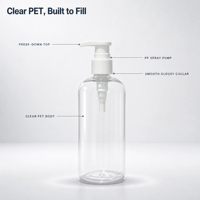 Flacon pompe transparent de 300 ml pour lotion corporelle, shampoing, savon pour les mains, emballage de soins de la peau OEM, flacon rond en PET, pompe brillante