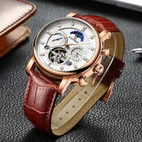 Montre-bracelet homme KINYUED J025, luxe, mode, décontractée, vintage, phase de lune, calendrier, automatique, tourbillon, mécanique, cadeau pour homme