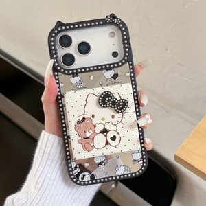 Funda para teléfono móvil con diseño de gato KT de dibujos animados, espejo y soporte, para iPhone 17 Air 16 15 Pro Max, con soporte plegable, oreja de oso y diamantes, cubierta trasera bonita - Product Image 3