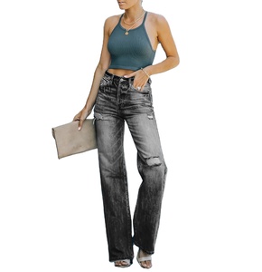 Pantalones vaqueros largos rasgados y lavados a la <span class=keywords><strong>moda</strong></span>, inferior de campana de pierna ancha, ropa de calle informal de cintura media, venta al por mayor - Product Image 4