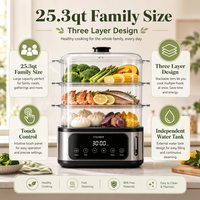 Cuiseur vapeur électrique à trois niveaux 25,3 qt avec réservoir d'eau indépendant, contrôle tactile pour la cuisine domestique