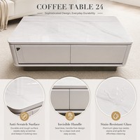 Nouvelle Arrivée Table Basse de Salon Moderne en Bois Durable avec Panneau en Verre Technologique et Tiroirs Multi-usages à Ouverture par Pression, sans Poignée, en Composite de Pierre