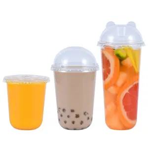 Copos de chá descartáveis estampados personalizados, 12oz 16oz 24oz em formato de u plástico transparente bolha de chá com tampas