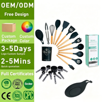 Accessoires de cuisine OEM ODM, gadgets, outils de cuisson, ustensiles de cuisine en silicone avec manche en bois, ensemble d'ustensiles de cuisine
