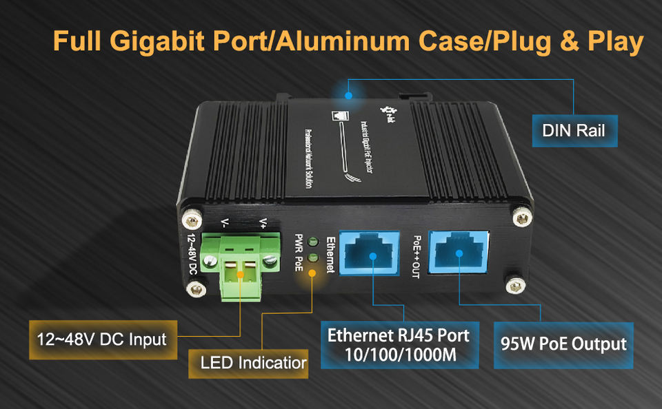 Industrial Gigabit 95W 802.3bt PoE++ Injector (12~48VDC) for Power Supply
