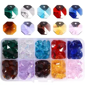 DIY Peças de lustre de cristal de vidro K9 multicoloridas 14mm contas octogonais com 2 furos lamparina 2 furos e contas de vidro