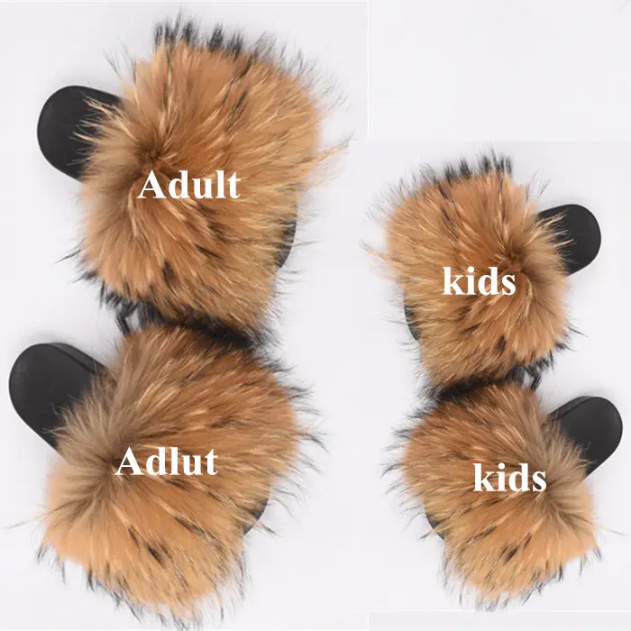Tùy Chỉnh Logo Bán Buôn Bất Phụ Nữ Fox Fur Dép Raccoon Fur Slides Dép Sang Trọng Trẻ Em Toddler Fur Slides