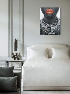 Cô Gái Màu Đen Vải Tường Nghệ Thuật Vàng Môi Đỏ Châu Phi Người Phụ Nữ Mỹ Bộ Lạc Dây Chuyền Bản địa Đen Nghệ Thuật Bức Tranh Phòng Ngủ Trang Trí Nội Thất Đã Sẵn Sàng - Product Image 6