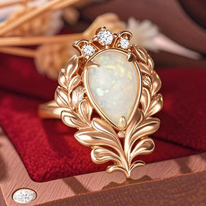 Elegante anello da cocktail con opale per donna, con pietra naturale a forma di pera, con montatura a punta, motivo vegetale, gioielli di moda per matrimonio A013 - Product Image 2