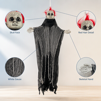 SIPKLR 47'' Fantôme squelette suspendu d'Halloween avec cheveux rouges style punk, accessoire effrayant pour la décoration extérieure de jardin et de maison hantée
