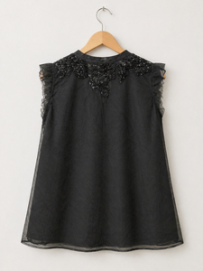 Women <b>Beaded</b> Organza <b>Top</b> Elegant Sleeveless Embroidered Blouse Fashion Party Wear Mesh Tunic <b>Top</b> for Ladies Boutique Collection - Product Image 2