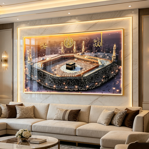 Wholesale Custom Kaaba Panoramic View Islamic Wall Art LED Muslim Home Decoration UV Proof Framed Crystal porcelain painting - Product Image 4