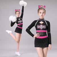 Uniforme de cheerleading personnalisé pour enfants, noir et rose, avec strass, haut court en maille à manches longues, jupe, tenue de compétition pour filles, tenue de performance d'équipe