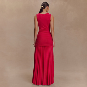 Vestido Largo sin Mangas con Cuello en V, Plisado, de Color Sólido, Elegante Vestido de Noche con Cintura Natural - Product Image 4