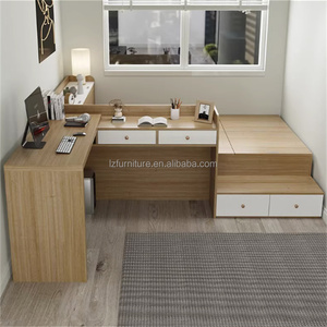 <b>Small</b> Bedroom Furniture Sets Compact Wooden Storage Bed With L-Shaped Study <b>Desk</b> & Tall Wardrobe for Studio Apartments Furniture - Product Image 2
