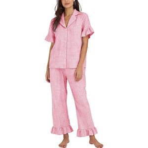 Womens Plaid Pajamas Set 2 Piece Cotton Short Sleeve Button <b>Down</b> Shirt Gingham <b>Pants</b> Ruffled Hem Lounge Wear Sleepwear - Product Image 1