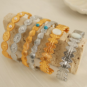 Fashion <b>Bangle</b> Zinc Alloy C Shape Open <b>Bracelet</b> With Pearl Inlay For Women Plant Design Jewelry Accessory - Product Image 1