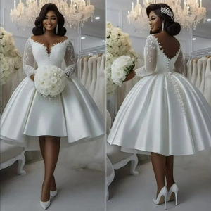 New Lace Satin Wedding Dress Deep V-neck Long <b>Sleeve</b> Elegant <b>Bridal</b> Mini Dress - Product Image 3