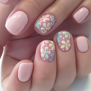 Juego <span class=keywords><strong>de</strong></span> 24 <span class=keywords><strong>Uñas</strong></span> Postizas Coloridas con Diseño Floral, Cortas, Cuadradas, Estilo Francés, <span class=keywords><strong>Color</strong></span> <span class=keywords><strong>Rosa</strong></span> <span class=keywords><strong>Claro</strong></span>, Acrílicas, Cobertura Total, Brillantes, para Primavera/Verano - Product Image 1