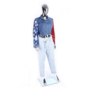 <span class=keywords><strong>Giacca</strong></span> di Jeans Crop blu a manica <span class=keywords><strong>lunga</strong></span> con <span class=keywords><strong>paillettes</strong></span> con colore a contrasto personalizzato con Design DENIM per donna - Product Image 2