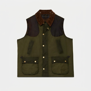 Gilet utilitaire pour homme en toile cirée olive, col en velours côtelé, fermeture à boutons-pression, poches à soufflets et à rabat, pour la chasse et les activités de plein air - Product Image 1