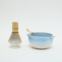 Bol à matcha avec support pour fouet, en céramique bleu dégradé, avec bec verseur, fouet traditionnel japonais et cuillère, kit de préparation du thé