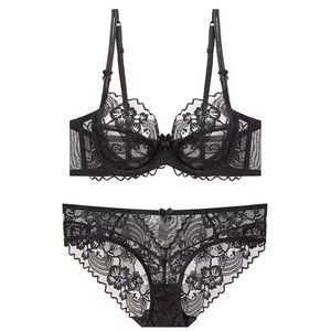 Conjunto de sujetador y bikini de encaje floral ultrafino sexy para mujer, copa 3/4, con aros, tirantes ajustables festoneados, tallas 32-38, 4 colores - Product Image 1