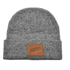 Bonnet tricoté en cuir 100% acrylique gris, chapeau d'hiver, personnalisé, votre propre Design, avec Patch en cuir brun de qualité, pour hommes