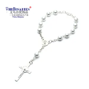 白色珍珠念珠手镯交叉天主教礼物宗教祈祷珠念珠念珠