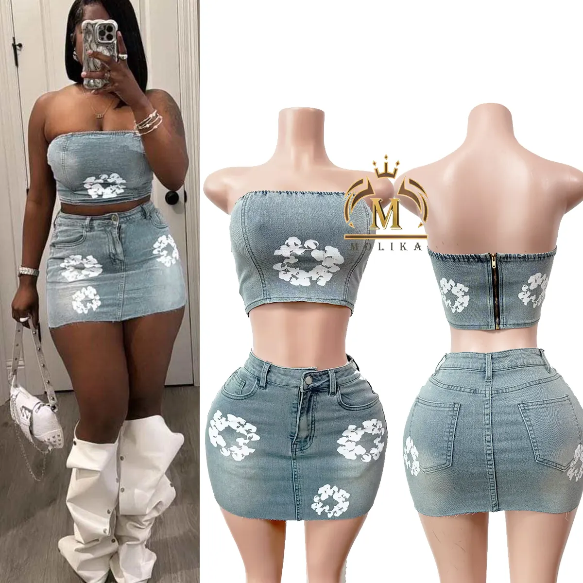 Summer Women's Fashion 2 Piece Print Strapless Tube Top Mini Skirt Slim Lady Y2K Streetwear Two Piece Denim Skirt Sets For Women