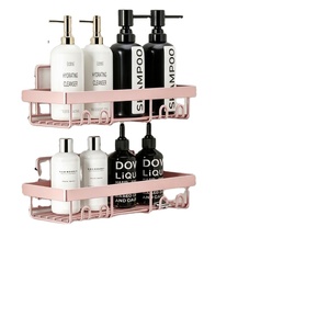 Étagère murale à 2 niveaux en alliage d'aluminium couleur or rose avec crochets pour articles de toilette - Product Image 1