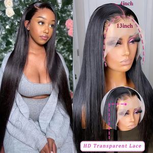 شعر مستعار بكثافة 250 ودانتيل أمامي عالي الوضوح باللون الأسود الطبيعي، شعر مفرود للنساء، شعر مستعار من الشعر البشري مقاس 13x4، منتوف مسبقاً وبدون صمغ - Product Image 3