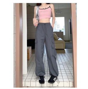 Salopette personalizzate all'ingrosso stile retrò americano a <span class=keywords><strong>vita</strong></span> <span class=keywords><strong>alta</strong></span> Casual da donna estate nuovi <span class=keywords><strong>pantaloni</strong></span> larghi e caldi da ragazza - Product Image 3