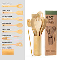 Ensemble d'ustensiles de cuisine en bambou naturel OEM, 8 pièces, cuillère de cuisine en bois de 12 pouces, spatule, outils avec support pour ustensiles de cuisson antiadhésifs