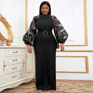 Nieuwste Full Lantaarn Mouwen Elegante Zwarte Kant Plus Size Vrouwen Jurk Maxi