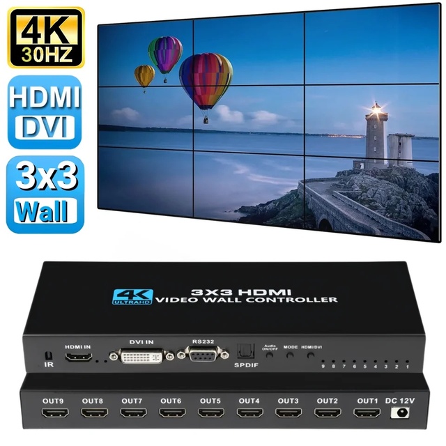 3X3 9 Screen 2X2 4K for DVI TV Video Wall Controller 1X2 1X4 1X3 2X3 3X2 4X2 2X4 Multi Video Screen Switcher 12V DC Powered