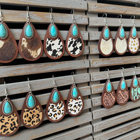 Pendientes de Cuero Estilo Western, Clásicos con Diseño de Leopardo, Cuero Vacuno, Turquesa y Madera, Pendientes Vintage para Mujer, Joyería de Moda