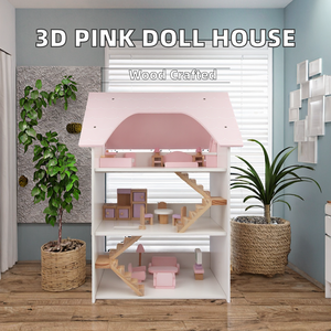 Casetta delle Bambole 3D in Legno Rosa, Giocattolo Educativo per Bambini, Casetta Fai-da-Te per Bambine con Design a Villa - Product Image 3