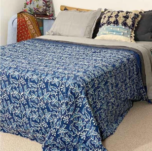 Couvre-lit en coton imprimé Kantha – Couvre-lit floral fait main, couvre-lit matelassé traditionnel pour lits jumeaux 60×90 et lits king size 90×108 - Product Image 1