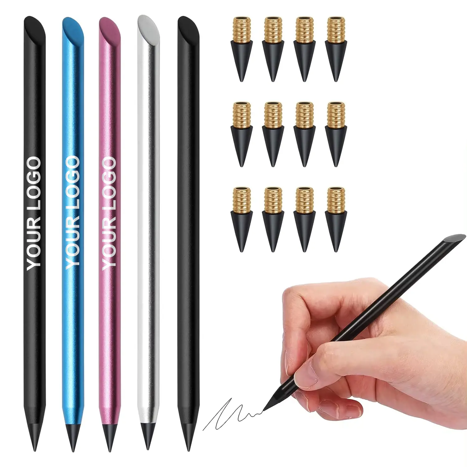 Neuer metallfarbener tintenloser Stift individuelles Logo metallfarbener löschbarer Ewiger Stift für immer Stift langlebige Schreibspitze tintenlos Aluminium